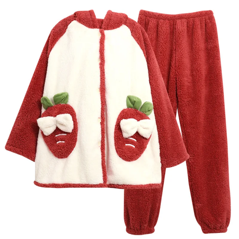 New Women Flannel Pajamas Women Winter Keep Warm Students Cute Cartoon Coral Fleece Robe Nightgown Comfortable Household Wear