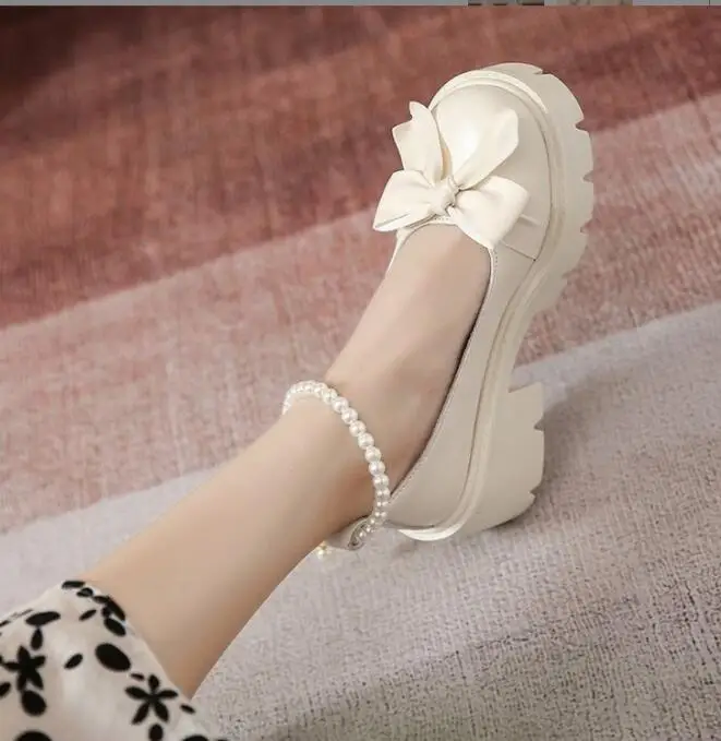 Fashion Sexy Women Casual Sweet Pearl chain Black Heels for Party Bridal Sexy Wedding Silver High Heel Shoes Pumps Coarse heel