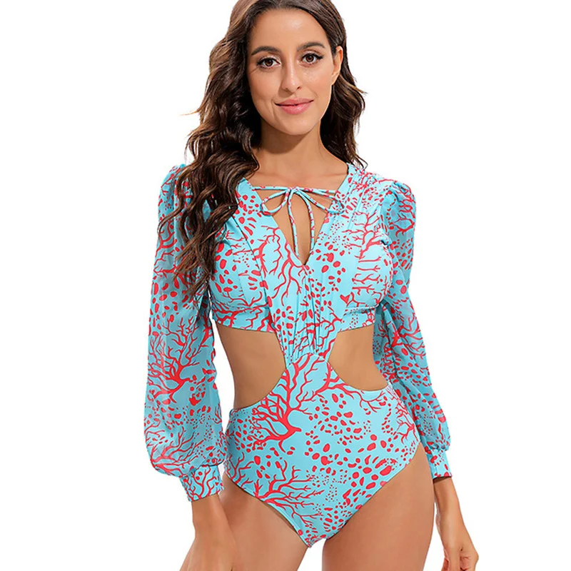 

Fashion One Piece Swimsuit Women One-piece Long-sleeved Suit Sunscreen Womens Swimsuit Hot Spring Bathing Suits Woman Swimsuits