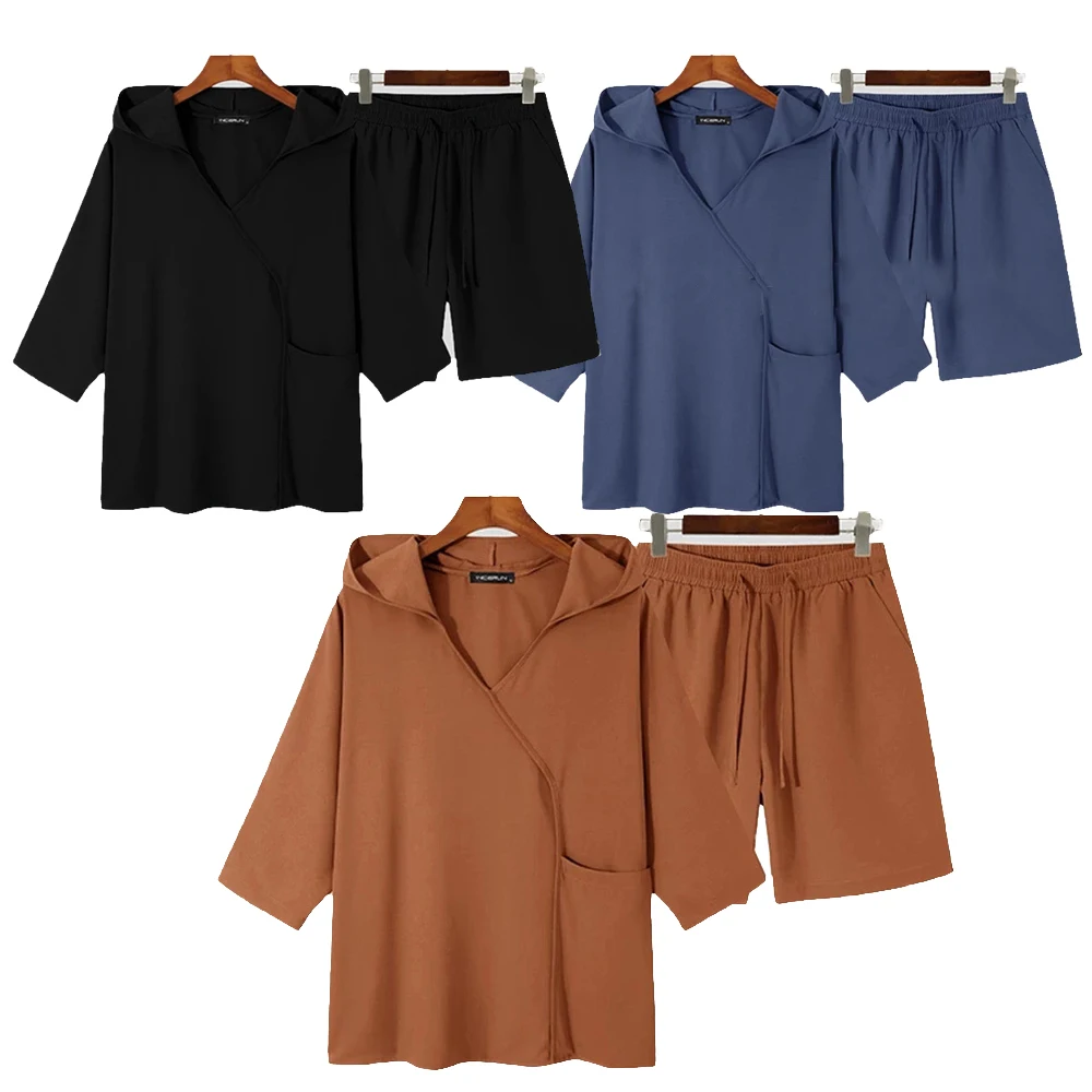 Men Sets Solid Streetwear 2023 Hooded Half Sleeve T Shirt & Drawstring Shorts 2PCS Retro Loose Men Casual Suits S-5XL