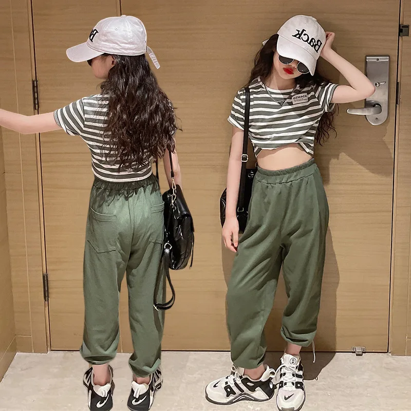 

Summer Girls Clothing Suit 2022 Casual Clothes Set for Kids Children 6 8 10 Years Striped T-shirt Pants 2PCS Outfits for Girls