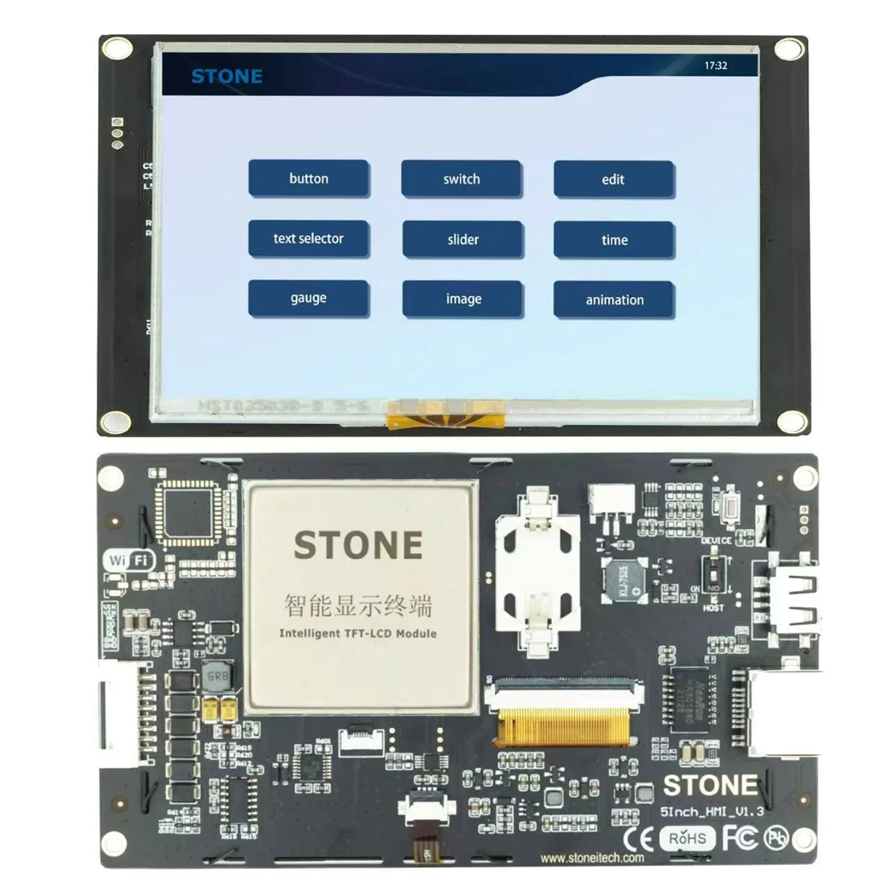 SCBRHMI I Series - 5'' HMI Intelligent Resistive Touch Display TFT LCD Full-color Module Support STONE Editor