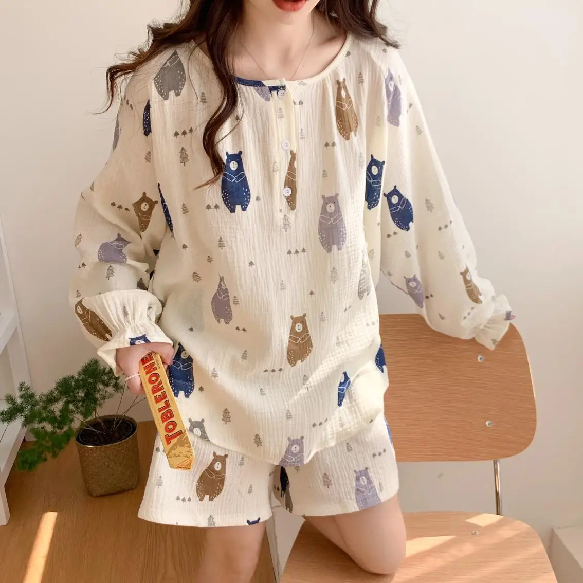 Soft Cartoon Print Spring Long Sleeve Home Sweet Kawaii Pajamas Set Women Elegant Casual Loli Simple Two Piece Set Fashionable