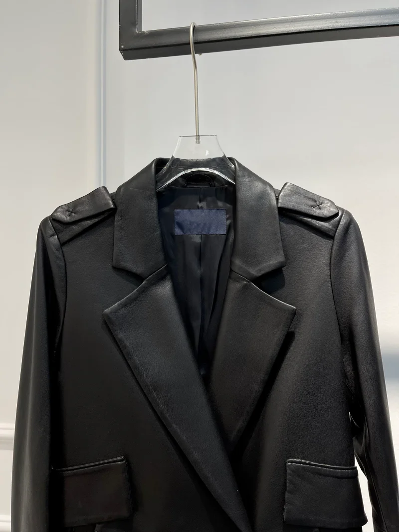 False Pockets Belt Decoration Unisex Coat 2022 Autumn Winter Collection Cross-collar Long Leather Jacket Women