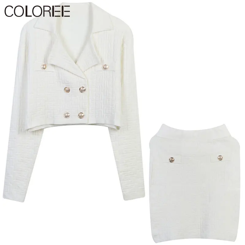 

Женский вязаный кардиган и юбка, комплект из двух предметов белого и черного цвета с золотыми пуговицами, осенняя одежда 2023