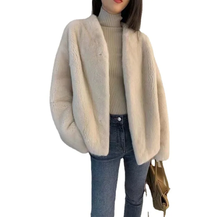 V-neck fur coat women's loose thin short coat