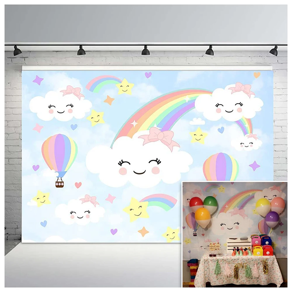 

Cute Cartoon White Cloud Photo Background Rainbow Hot-Air Balloons Blue Sky Cloud Princess Birthday Party Backdrops for Girls