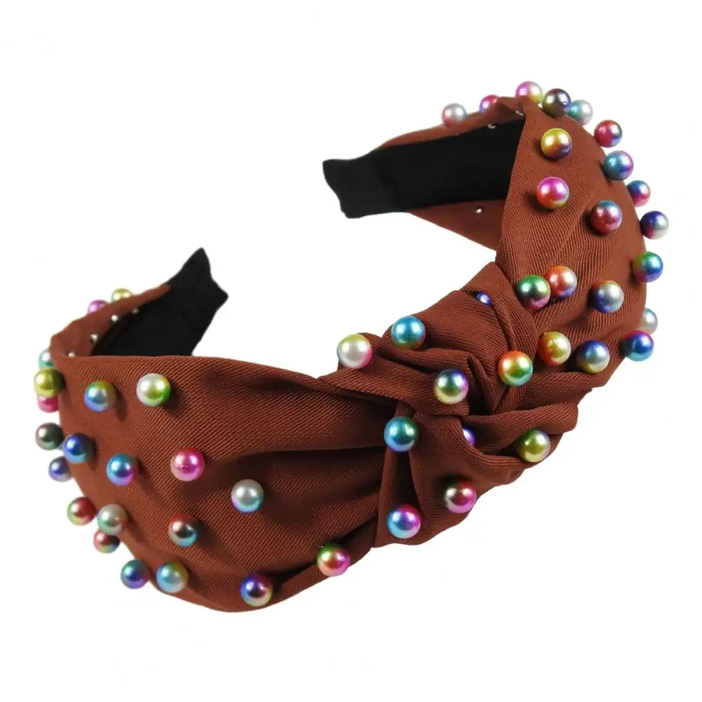 

Tie-dye Knot Headband Colorful Faux Pearl Headbands for Women Wide Band Knot Embellished Elastic Hair Accessories with Anti-slip