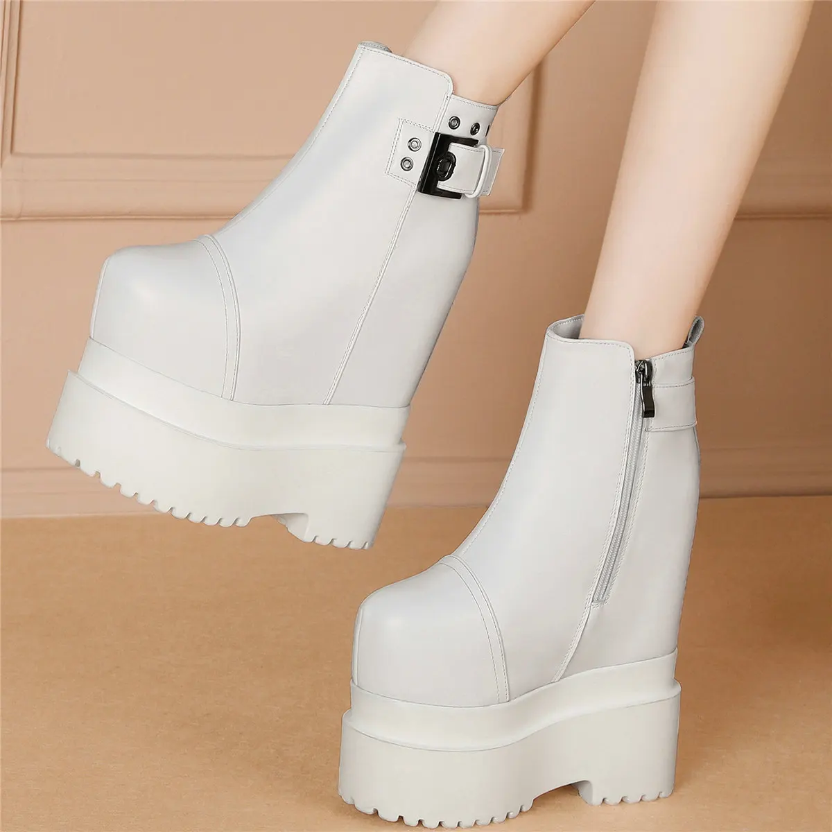 2022 Winter Warm Creepers Women Genuine Leather High Heel Motorcycle Boots Female High Top Round Toe Platform Pumps Casual Shoes