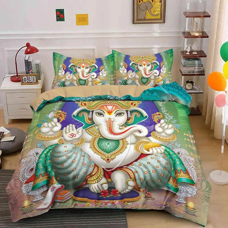 

Ganesha Duvet Cover Set Bohemian Elephant Bedding Set for Teens Adults Microfiber Bedclothes Double Queen King Size Quilt Cover