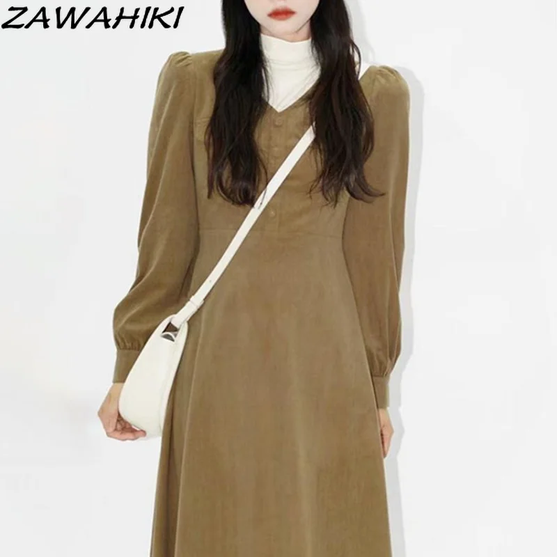 

Autumn Winter Elegant Long Skirt Women Vintage V-neck Puff Sleeve Corduroy Long Skirts Female Solid Casual Button-up Loose Dress