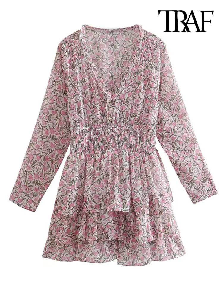 

Платье-мини с пуговицами и цветочным принтом, с длинным рукавом