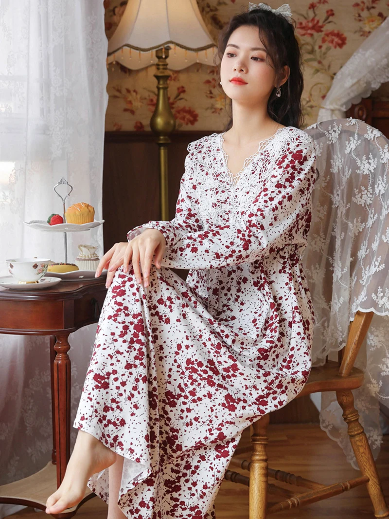 Women Victorian Long Sleeve Pajamas Nightgowns Female Spring Cotton Vintage Nightdress Sweet V-neck Loose Flower Print Sleepwear