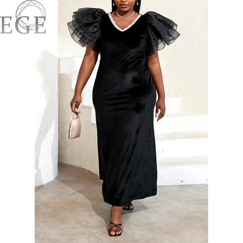 Plus Size Ruffle V Neck Dress Elegant Luxury Velvet Loose 4xl 5xl Plus Size Women's Party Banquet Evening Dress