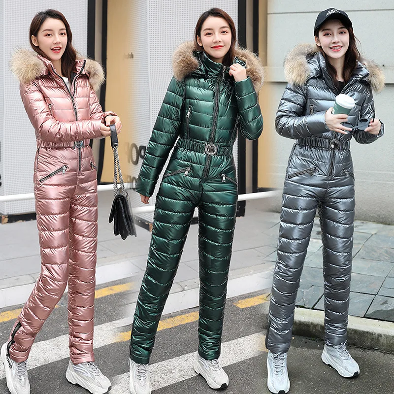 One Piece Ski Suit Women Jackets Winter Hooded Parka Jumpsuit Women Cotton Bodysuit Sashes Jumpsuits Zipper Overalls Tracksuits