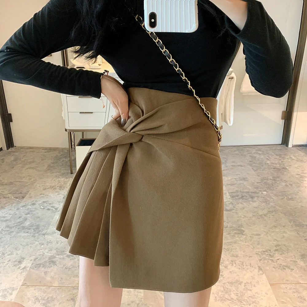 

Мини-юбка женская плиссированная, модная офисная элегантная повседневная трапециевидная юбка с узлом, однотонная, в Корейском стиле, на лето