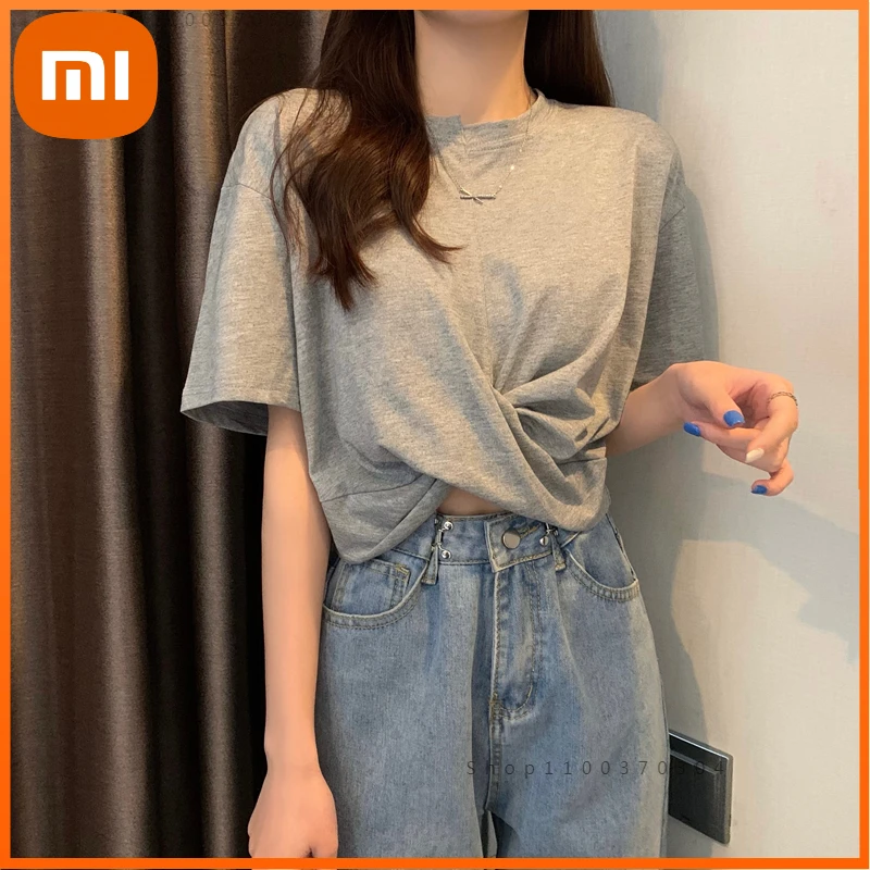 

Однотонная женская футболка Xiaomi с коротким рукавом, новая летняя дизайнерская нишевая Футболка с запахом, Свободный Асимметричный топ, жен...