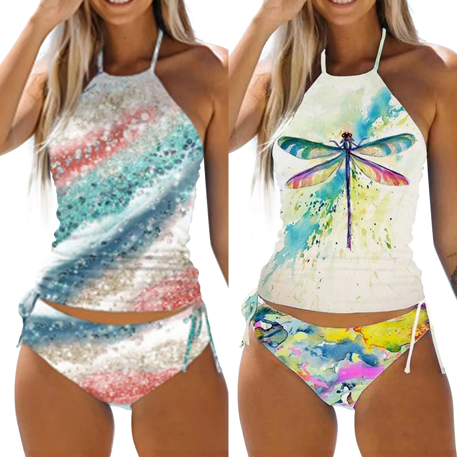 

Женские бикини с цветочным принтом, купальники из двух предметов с высокой талией, спортивные купальные костюмы с лямкой на шее, женские купальные костюмы, шорты, 2023