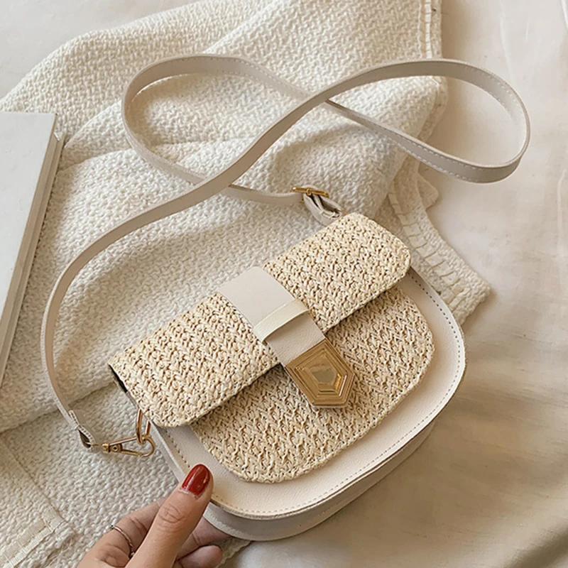 

Straw Woven Bag Female Fashion Simple Small Fresh Shoulder Bags Temperament All-Match Messenger Bag Western Style Saddle Bag