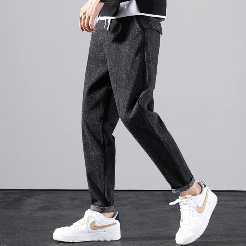 Fashion New Style Men's Brushed Jeans Loose and Tight Waist Autumn and Winter Small Straight Cylinder Black Casual Pants Female