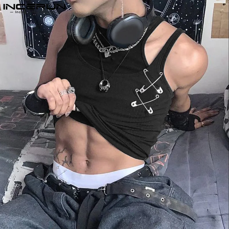 

Casual Fashion Style Tops INCERUN Men's Pin Fake Two Piece Knitted Tank Tops Male All-match Simple Solid Color Tight Vests S-5XL