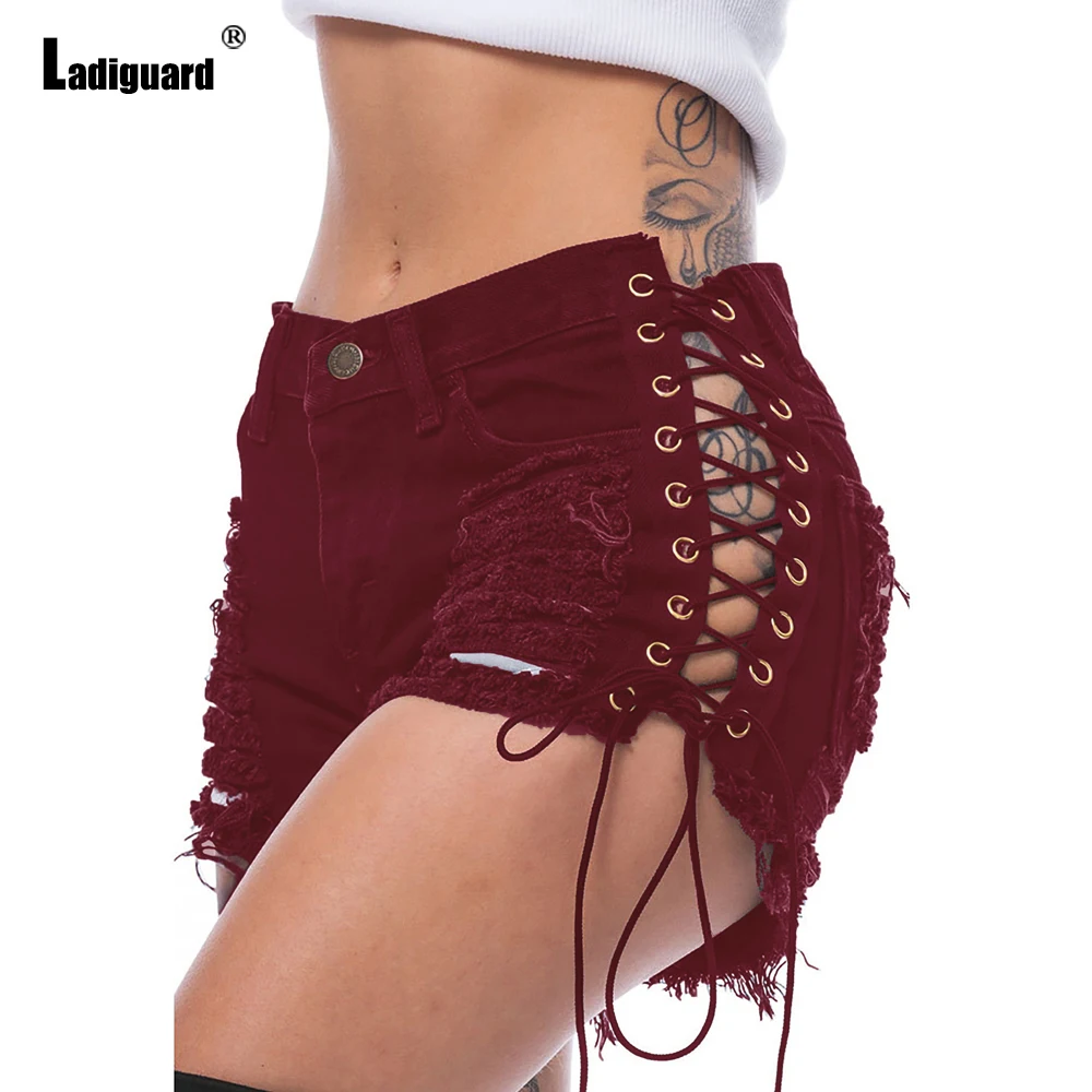Ladiguard 2022 Fashion Zipper Pockets Denim Shorts Women Sexy Ripped Short Jeans Summer Panties Ladies Vintage Lace-up Hotpants