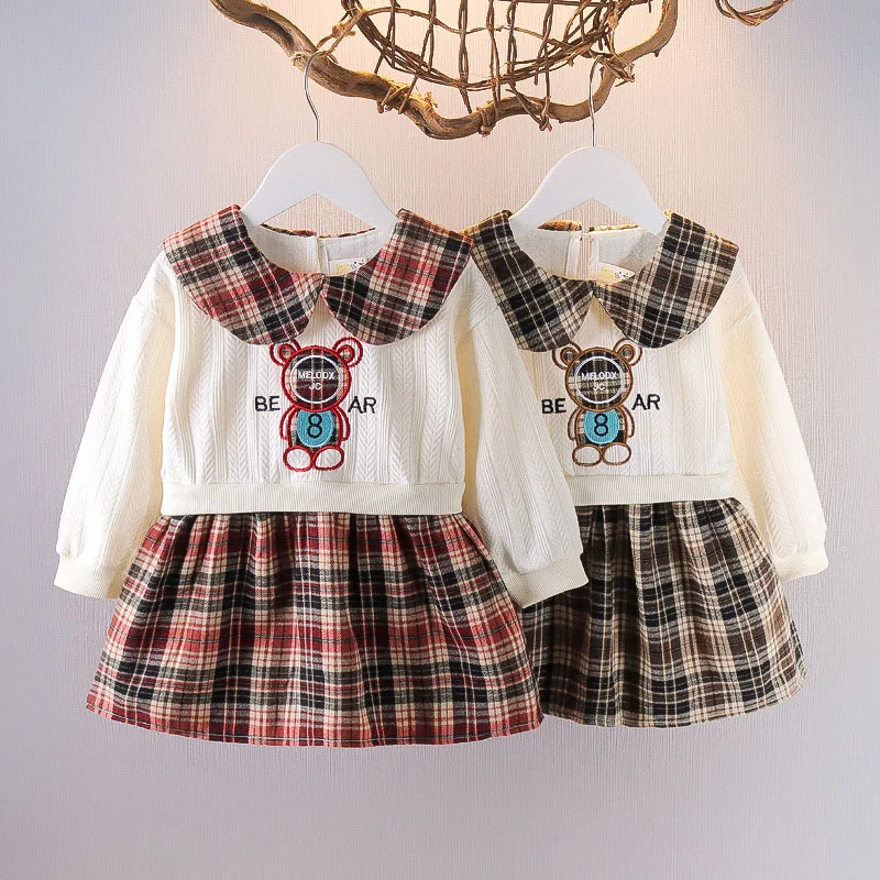 

2022 Autumn Girl Baby Clothing Dresses Toddler Girl Doll Collar Plaid Spliced Design Long-sleeve Dress 1-5Y