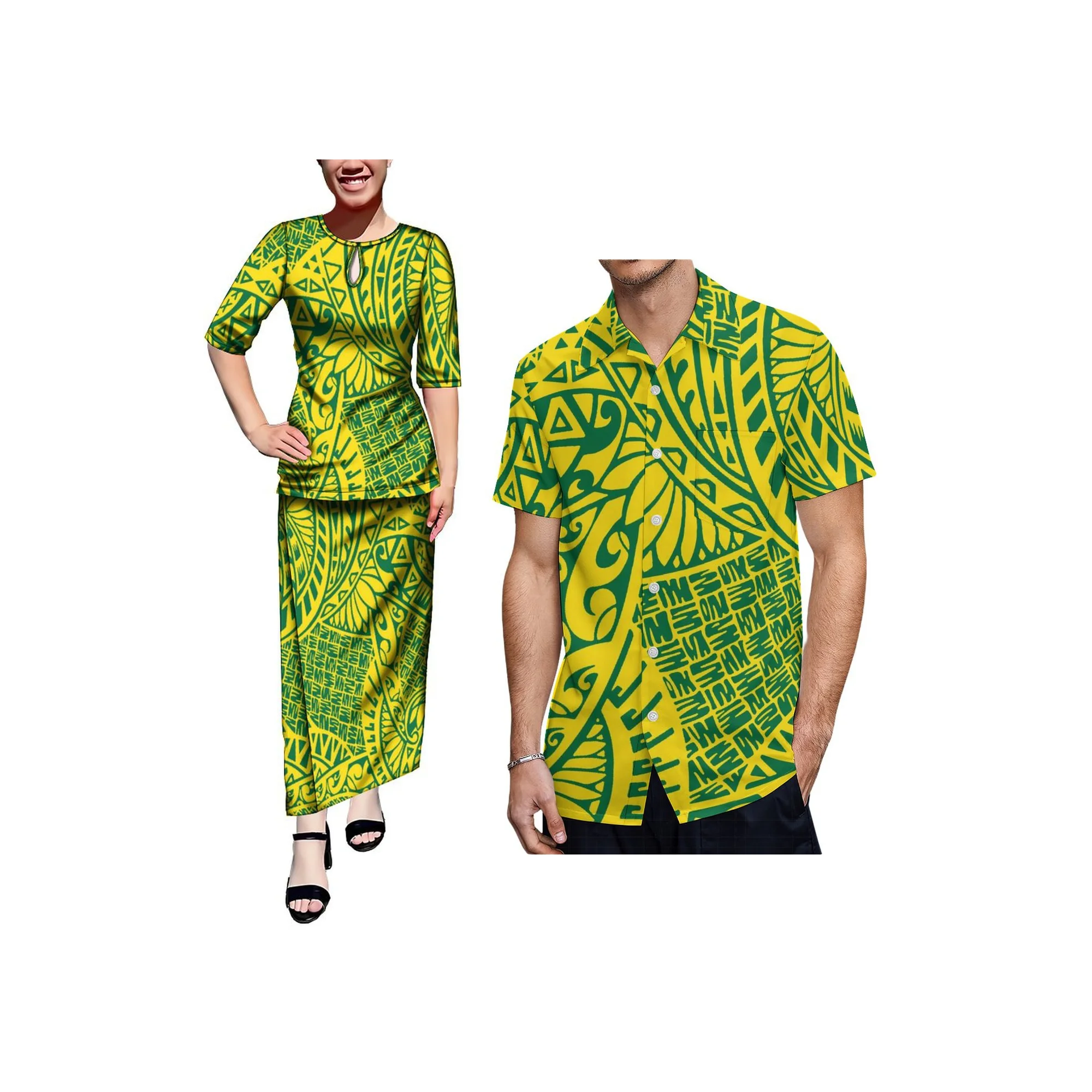 Фото New Water Drop Design Round Neck Casual Dress Custom Samoan Puletasi Dress Ladies Long Maxi 2 Piece Skirt Set Dress №3