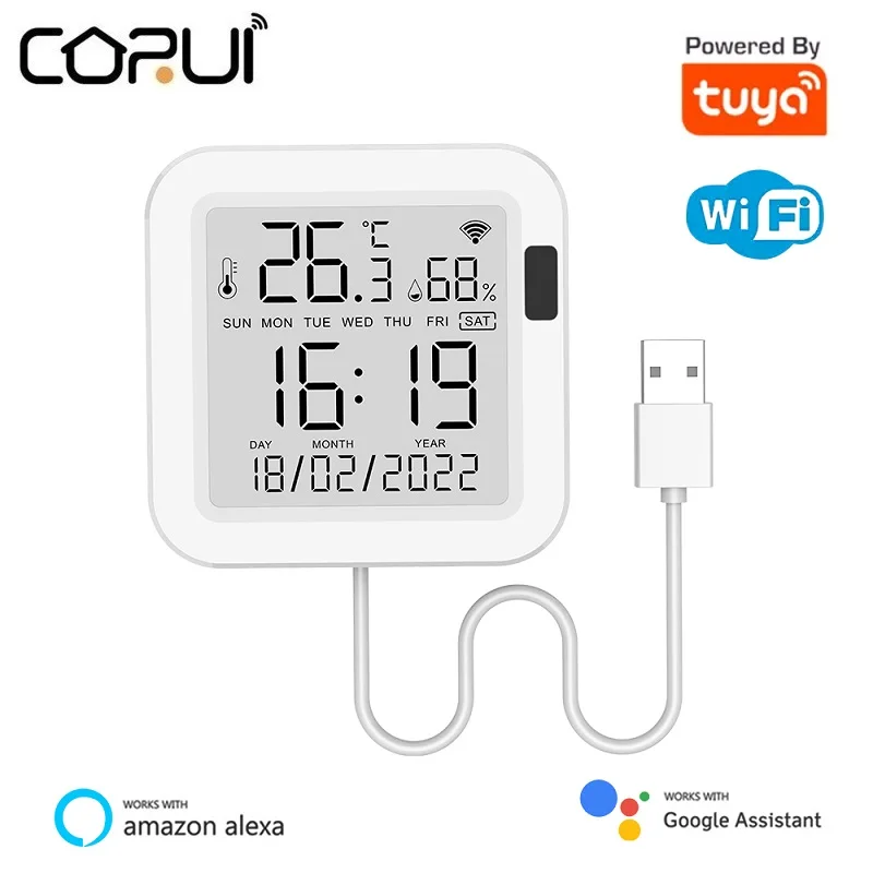 

CORUI Tuya WiFi Temperature Humidity Sensor USB With Screen Backlight Smart Home Remote Monitor Support Alexa Google Assistant