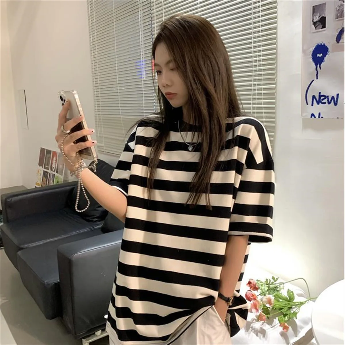 

Белая Хлопковая полосатая футболка для девушек, в японском стиле, летняя Милая футболка, Повседневная футболка в стиле Харадзюку, в стиле оверсайз, в стиле панк, кавайная футболка