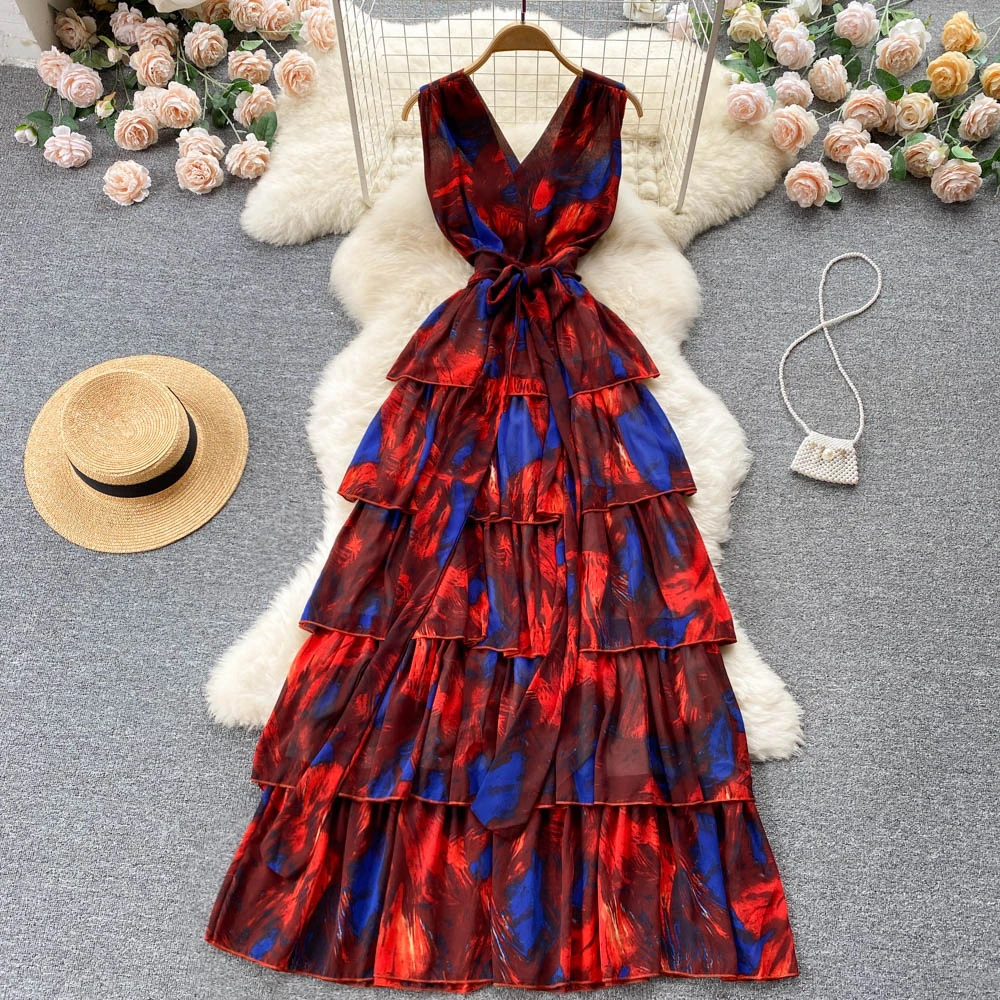 

Dresses Gentle wind backless floral suspender V-neck lace up waist closure seaside holiday layer upon layer Ruffle large