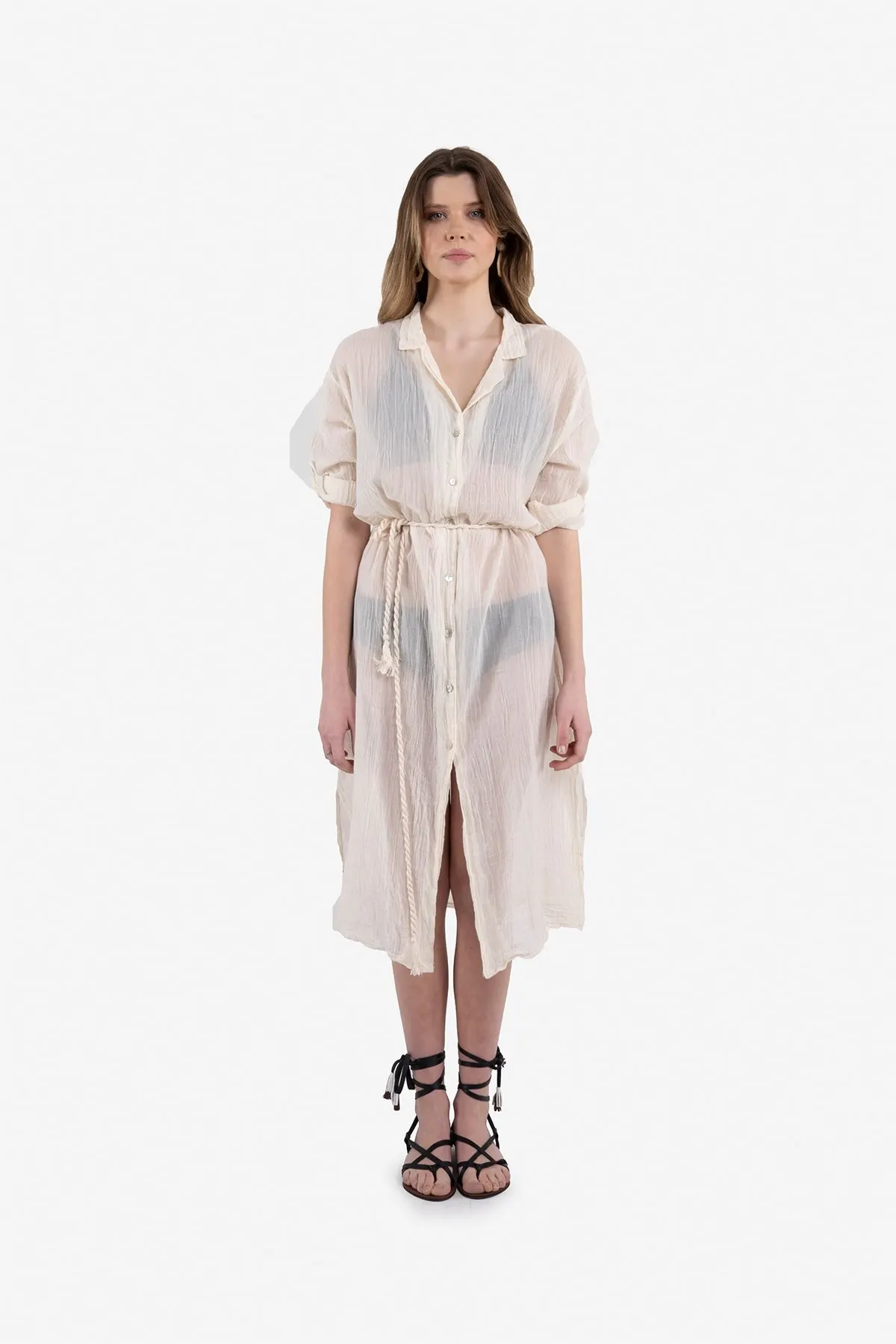 

Women's Pareo 100% Cotton Embroidery Detailed Midi Shirt Swimwear Cover Up Dress Sexy Tunic Suit Beachwear