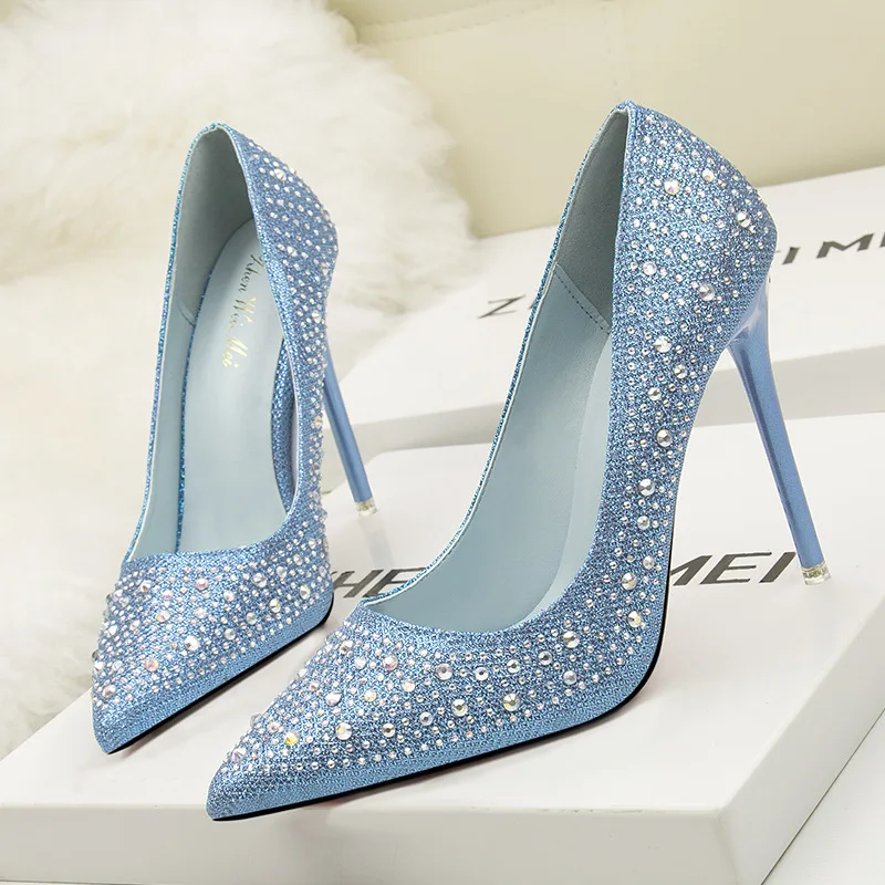 Women Fashion Sweet Delicate Elegant Stiletto Heel High Shoes Low-Cut Slimming Pointed Heel Colorful Crystals Rhinestone Wedding