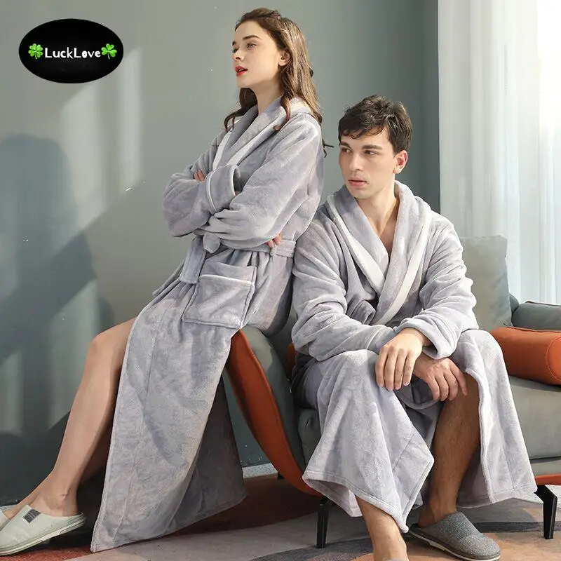 Men's Couple Winter Terry Towel Cotton Bathrobe Super Warm X Long Thick Warm Dressing Gown Male Home Hotel Bath Robes Loungewear