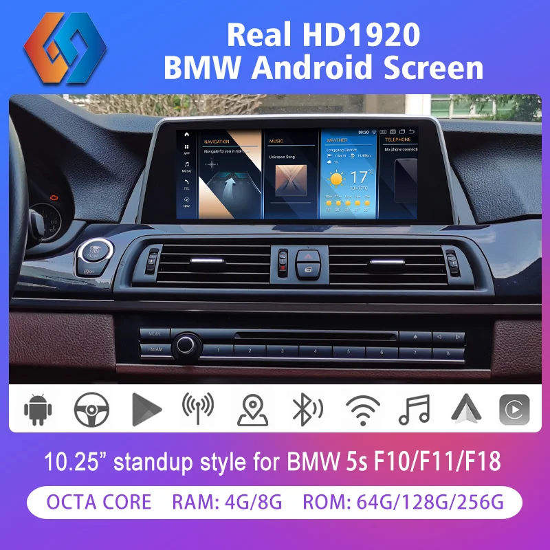 

10.25 Standup For BMW 5s F10 F11 F18 Android 12 Multimedia Screen 1920x720 HD Black Touch AutoRadio Built-in CarPlay WiFi BT GPS