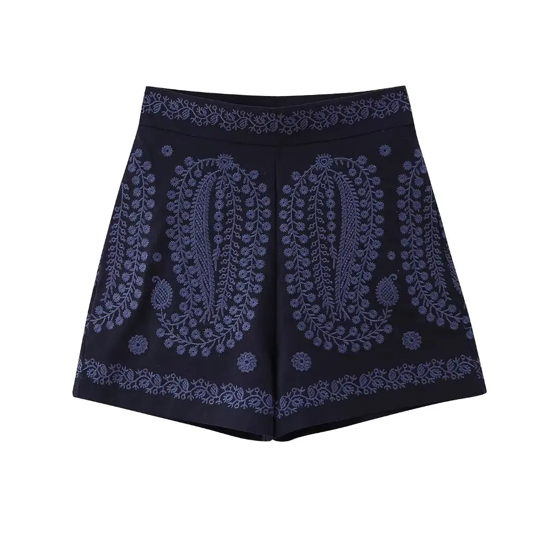 

Women 2023 New Fashion Summer 2 Colors Embroidery Shorts Vintage High Waist Back Zipper Female Short Pants Mujer