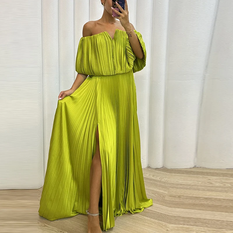 

Однотонное Элегантное Вечернее Платье Gwon с вырезом лодочкой и высоким разрезом, винтажное модное женское платье, сексуальное женское свободное Плиссированное длинное платье