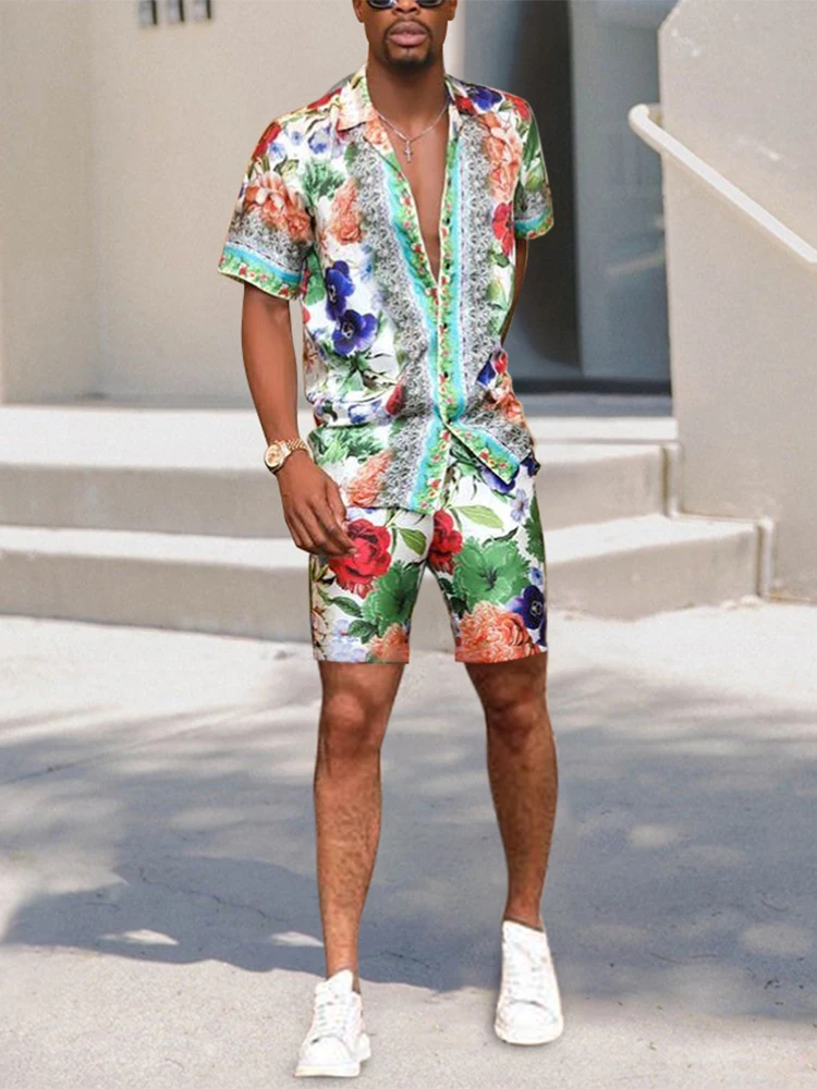 

New Summer Fashion Two Piece Sets Casual Loose Short Sleeve Shirts And Shorts Suits Beach Men Vintage Pattern Print Mens Outfits