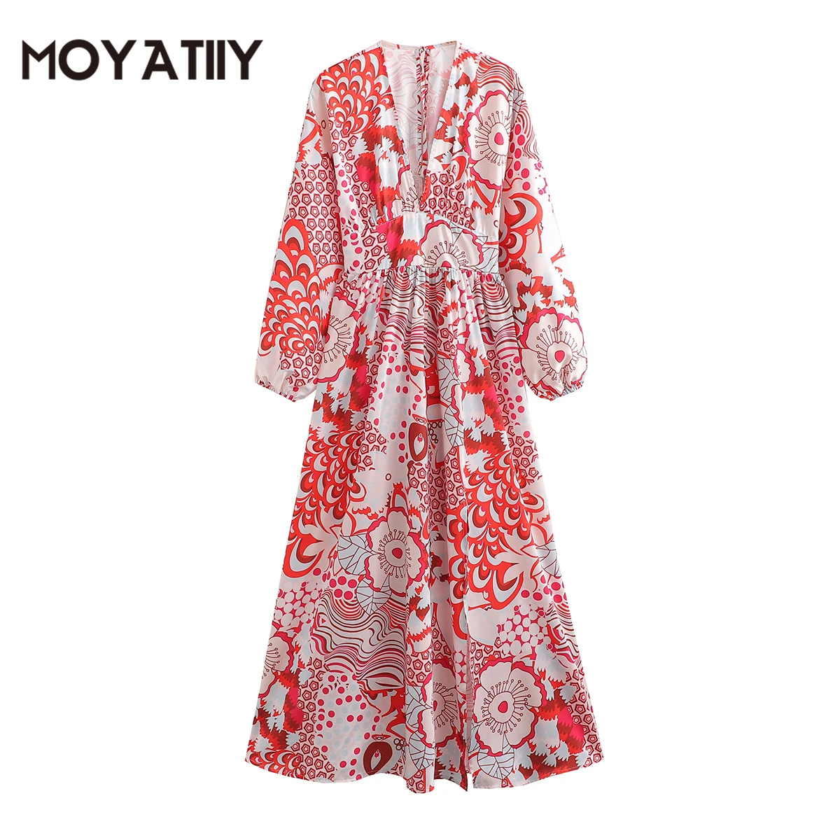 

Женское весенне-осеннее платье MOYATIIY, модные красные длинные платья с цветочным узором и длинным рукавом, женские платья