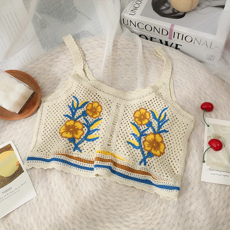

Spring Summer Embroidered Condole Belt All-Match Tops Hong Kong Style Retro Hollow Out Perspective Slim Top Women