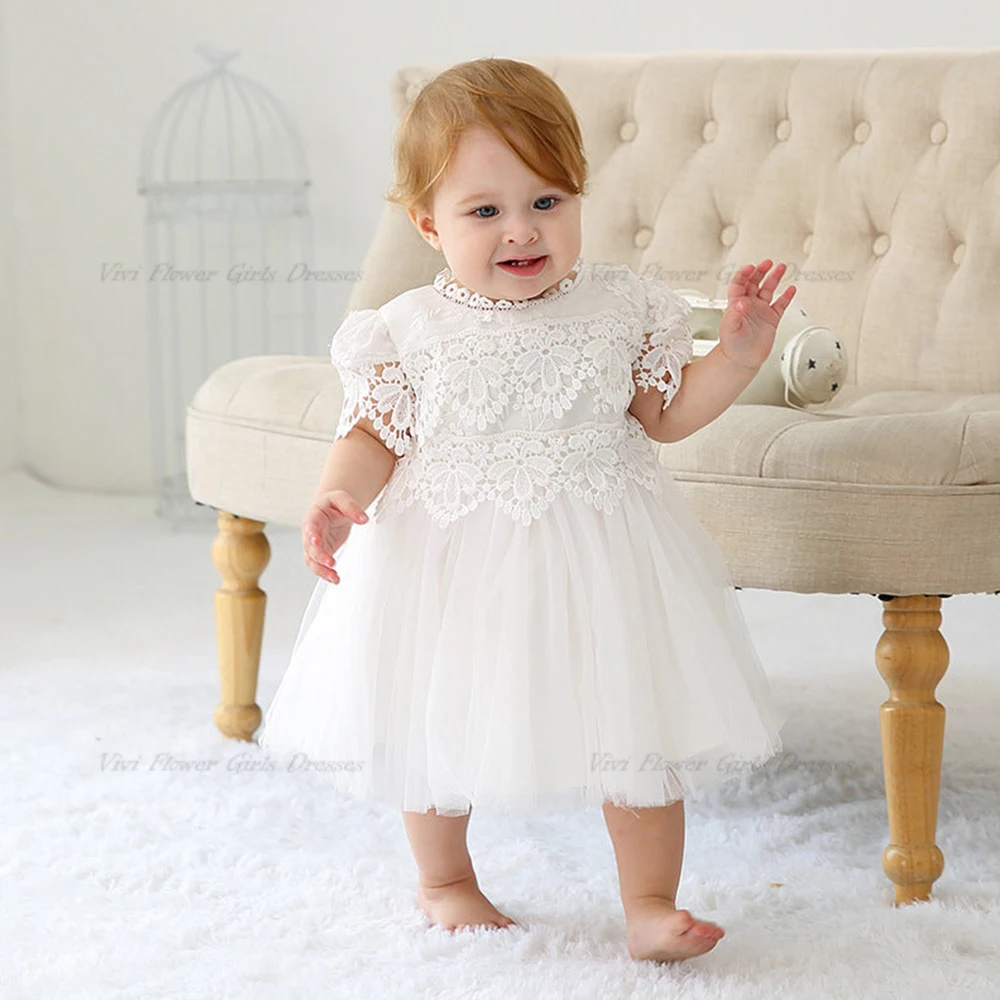 

Cute White Short Sleeves Applique Lace Tulle Pageant Gowns for Christmas New Tutu Girls Flower Girl Dresses فساتين اطفال لل