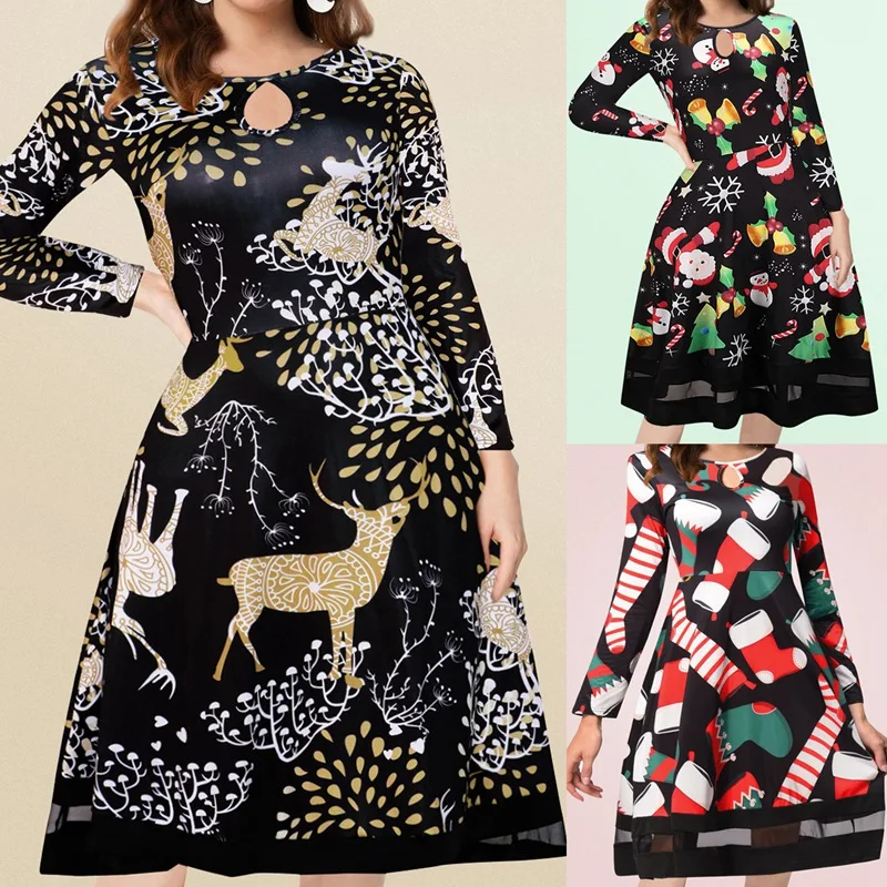 

Модное рождественское платье, платье с длинным рукавом и принтом в стиле ретро, облегающая юбка А-силуэта с круглым вырезом и рождественско...
