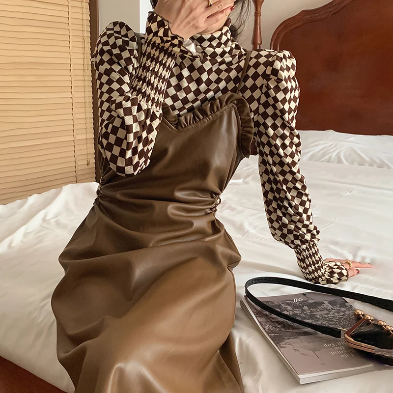 Облегающая водолазка с длинным рукавом шахматная футболка в стиле ретро топ 2022