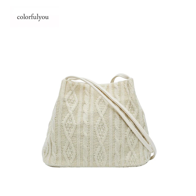 

Fashion Women Bag 2022 Knitting wool shoulder bag ladies larger capacity Handbags white color Bucket bag Casual Shopping bag