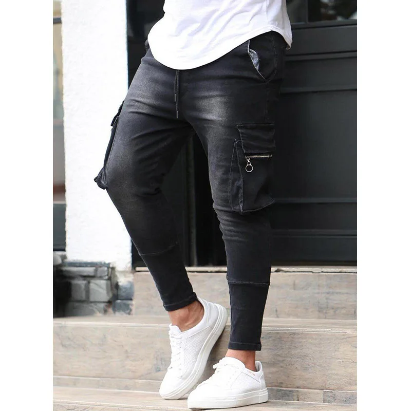 Men's Jeans Blue Stretch Multi-Pocket Zippers Denim Trousers Slim Fit Fashion Casual Pants Black Cargo Jeans Men