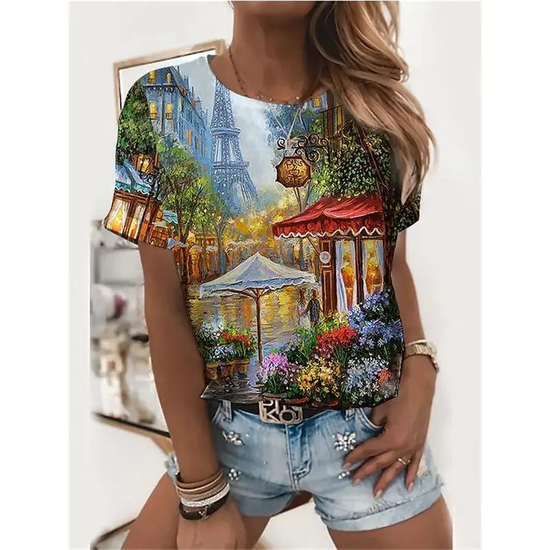 

Ladies holiday flower theme painting short sleeve graphic shirt landscape 3d printed around neck basic shirt white blue green