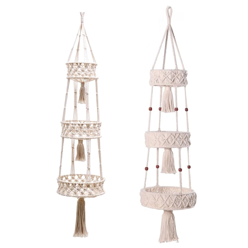 

Handmade Cotton Rope Hanging Storage Basket 3 Layer Woven Net Bag for Home Bedroom Living Room Wall Fruit Vegetable