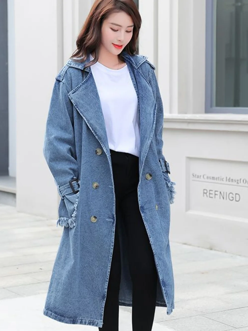 

Mid-length Blue Denim Trench Coat with Belt Vintage Loose Long Sleeve Frayed Women Windbreaker Female Casual Spring Autumn 2023