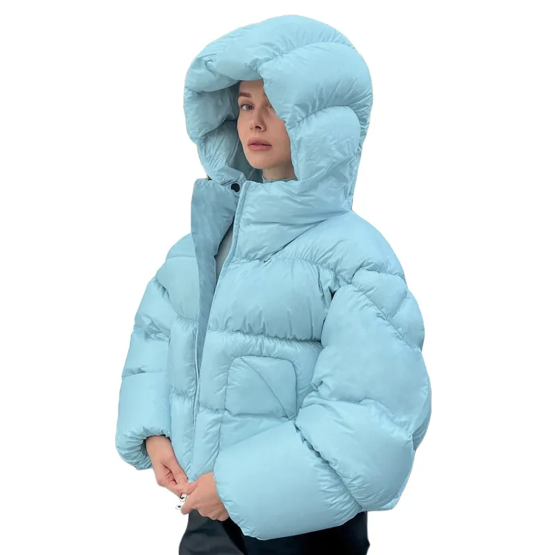 2022 Autumn and Winter Women's New Fashion Collar Hooded Thickened Short Solid Color Cotton Jacket Warm Windproof
