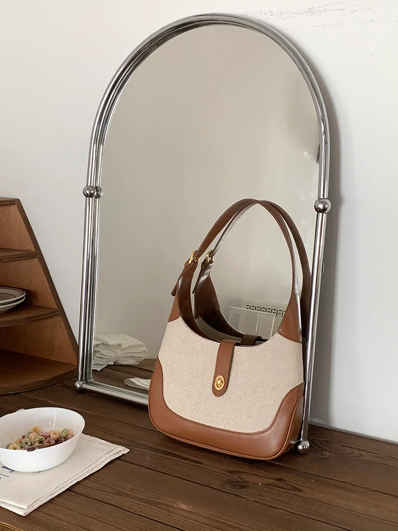 French Elegant Ladies Hobo HandBag Summer Women Pu +canvas Stitching Underarm Bag Fashion Armpit Bag for Female 2022 New